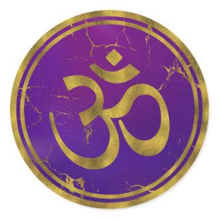 Gold OM symbol - Aum, Omkara  on Purple/Indigo Classic Round Sticker
