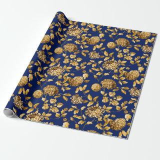 Gold On Navy Blue Modern Vintage Floral Toile