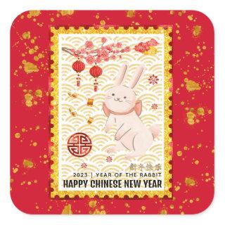 Gold Papercut 2023 Rabbit Chinese New Year Red Square Sticker