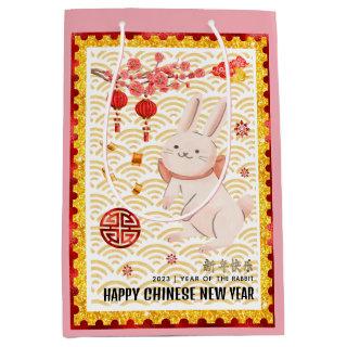 Gold Papercut Rabbit Chinese New Year 2023 Pink Medium Gift Bag