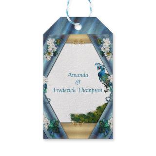 Gold, Peacock Feathers on Emerald Green Silk Gift Tags