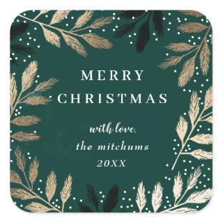 Gold Pine Branch Green Merry Christmas Holiday Square Sticker