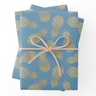 Gold Pineapples on Blue  Sheets