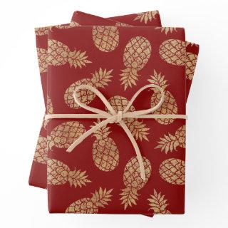Gold Pineapples on Deep Red  Sheets