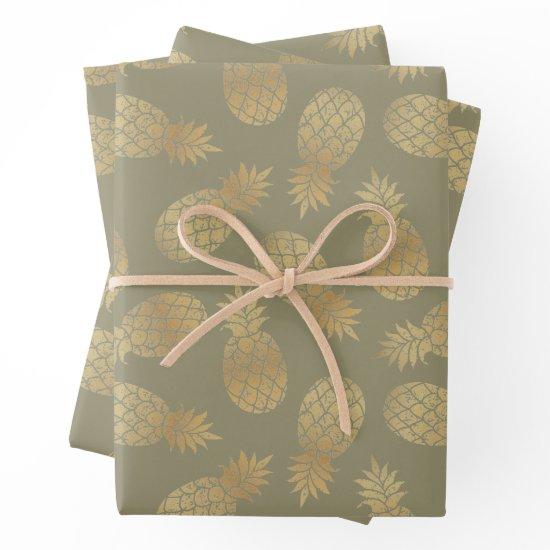 Gold Pineapples on Olive Green  Sheets
