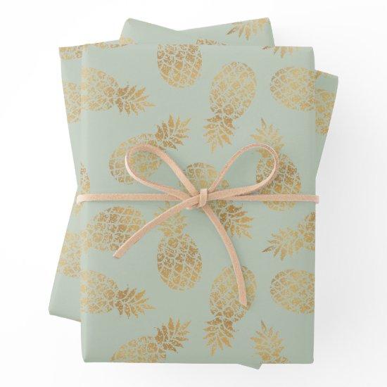 Gold Pineapples on Sage Green  Sheets