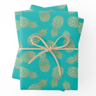 Gold Pineapples on Turquoise  Sheets