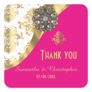 Gold, pink and white damask pattern thank you square sticker