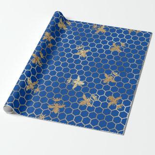 Gold Queen Bees and Honeycomb on Blue
