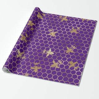 Gold Queen Bees and Honeycomb on Purple