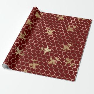 Gold Queen Bees and Honeycomb on Red
