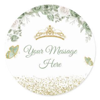 Gold Quinceañera Sage Green Crown Your Message Classic Round Sticker