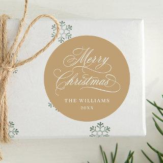 Gold Romantic Calligraphy Merry Christmas Classic Round Sticker