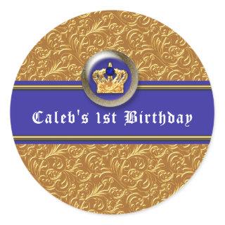 Gold & Royal Blue Crown Birthday Party Favor Classic Round Sticker