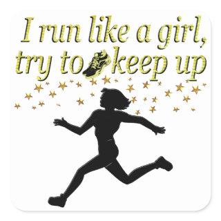 GOLD RUN LIKE A CHAMPION TRACK AND FIELD DESIGN SQUARE STICKER
