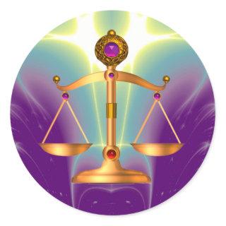 GOLD SCALES OF LAW WITH GEM STONES ,Justice Symbol Classic Round Sticker