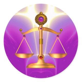 GOLD SCALES OF LAW WITH GEM STONES ,Justice Symbol Classic Round Sticker