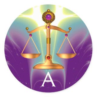 GOLD SCALES OF LAW WITH GEM STONES MONOGRAM CLASSIC ROUND STICKER