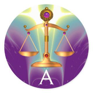 GOLD SCALES OF LAW WITH GEM STONES MONOGRAM CLASSIC ROUND STICKER