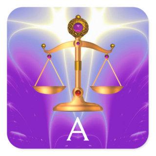 GOLD SCALES OF LAW WITH GEM STONES MONOGRAM SQUARE STICKER