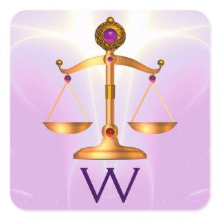 GOLD SCALES OF LAW WITH GEM STONES MONOGRAM SQUARE STICKER