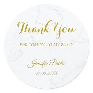 Gold Script Thank You Template White Marble Classic Round Sticker