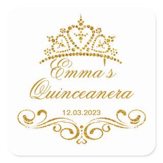 Gold scrolls, Tiara Quinceanera custom Logo Square Sticker