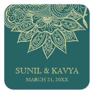 Gold Sea Green Mehendi Henna Indian Wedding Favor Square Sticker
