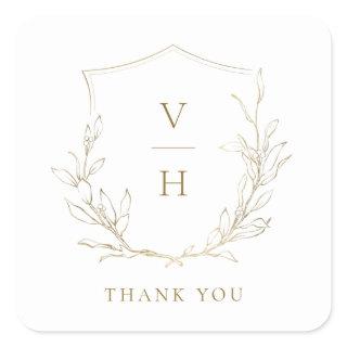 Gold simple botanical crest monogram wedding square sticker