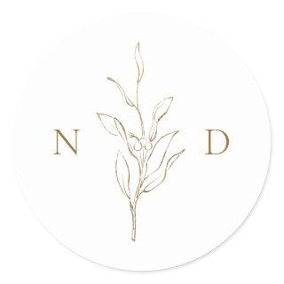 Gold simple elegant botanical leaves wedding classic round sticker