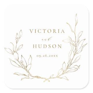 Gold simple elegant botanical wreath wedding square sticker