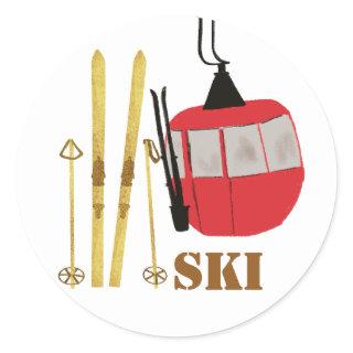 Gold Skis And Poles | Retro Ski Lift Holiday Classic Round Sticker
