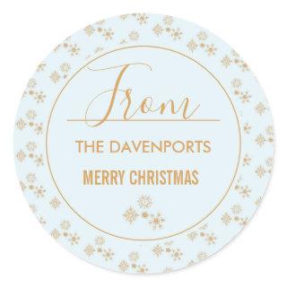 Gold Snowflake on Frosty Blue Christmas Pattern Classic Round Sticker