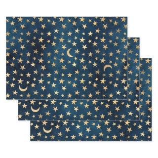 Gold Stars and Moons on Blue  Sheets