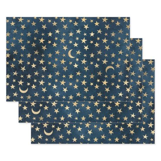Gold Stars and Moons on Blue  Sheets