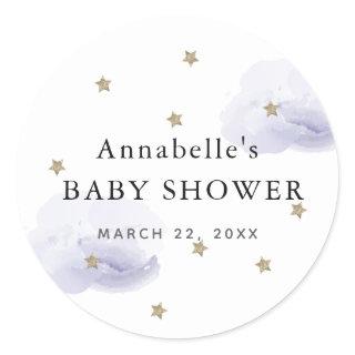 Gold Stars & Fluffy Lavender Clouds Baby Shower Classic Round Sticker