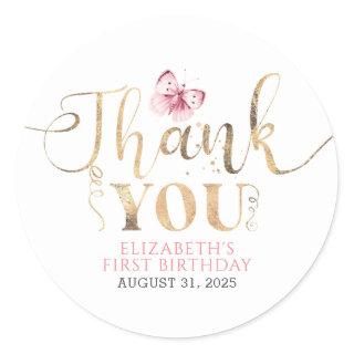 Gold Thank you and Pink Butterfly Classic Round Sticker