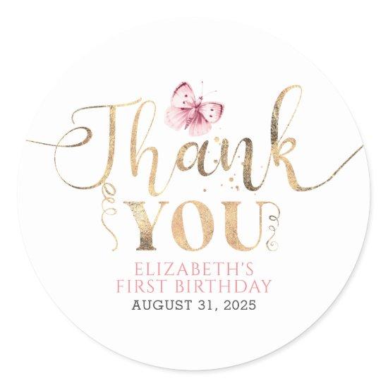 Gold Thank you and Pink Butterfly Classic Round Sticker