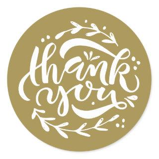 Gold Thank You Modern Calligraphy Wreath Classic Round Sticker