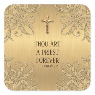 Gold Thou Art A Priest Forever Gold Crucifix Square Sticker