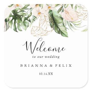 Gold Tropical Foliage Floral Wedding Welcome  Square Sticker