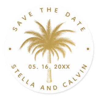 Gold Tropical Palm Tree Save The Date  Classic Round Sticker