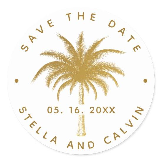 Gold Tropical Palm Tree Save The Date  Classic Round Sticker