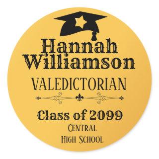 Gold Valedictorian Personalized Graduation Cap Classic Round Sticker