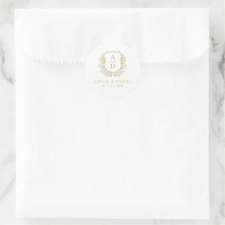 Gold White Crest Modern Monogram Wedding  Classic Round Sticker