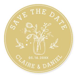 Gold & White Save the Date Mason Jar Flowers  Classic Round Sticker