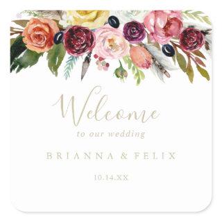 Gold Wild Feather Boho Tropical Wedding Welcome   Square Sticker