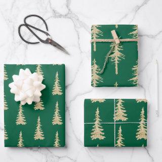 Gold Woodland Spruce Trees On Holiday Green  Sheets