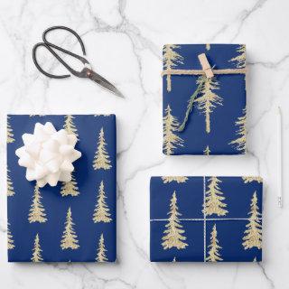 Gold Woodland Spruce Trees On Navy Blue  Sheets