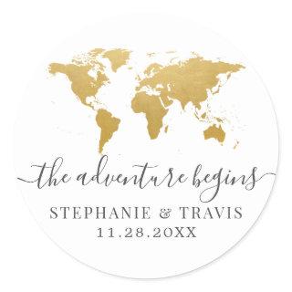 Gold World Map Adventure Begins Classic Round Sticker